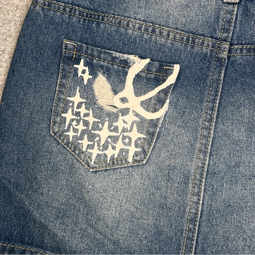 Celestial Mini Skirt Low Rise‎ 1 Blue Moon Star Hand Painted Denim Y2K